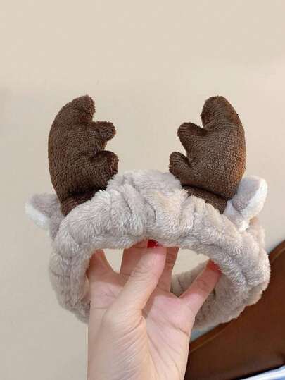 1 pieza Diadema de baño con decoración de cuerno, diadema de poliéster linda para maquillaje facial para el baño, decoración del hogar, decoración de otoño, accesorios para el cabello de vuelta a la escuela
