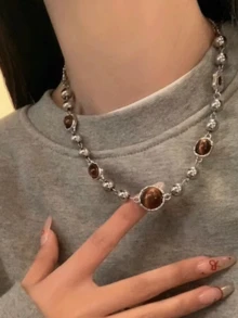 1 件天然虎眼石串珠项链，时尚锁骨毛衣链吊坠配饰，男女皆宜 - 石串珠項鍊 - 查看 1