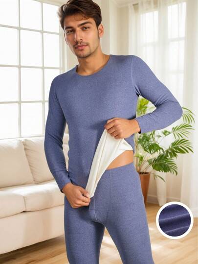 1set Men's Knitted & Silk Thermal Underwear Set, Comfortable & Seamless, For Fall, Winter & Spring