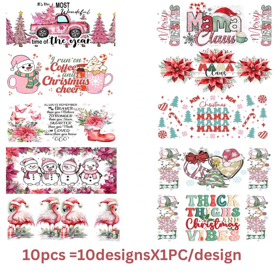 10 Pieces Christmas Designs Uv Dtf Cup Sticker Set Waterproof 3D