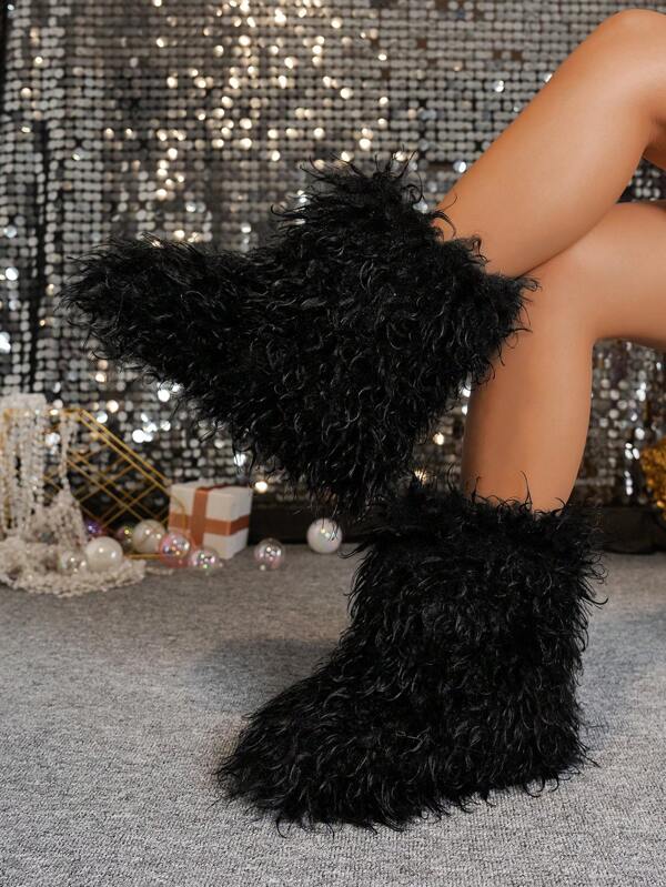 2024 New Style Faux Sheepskin Wave Toe Women Plus Size Black Snow Boots, Thickened Fluffy Lining, Luxury Fluffy Fashion Warm Booties For Outdoor Casual, Anti-Slip Thick Sole