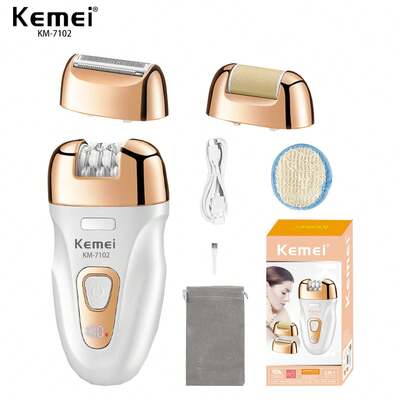 Kemei 新款脱毛器 KM-7102 电动脱毛器 无痛脱毛 女士体毛 腋毛 比基尼私密部位脱毛 女士足部磨毛器 光滑护肤套装 3 合 1 女士圣诞节或新年礼物