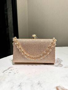 1 件香槟色闪光单面水钻镶嵌手拿包，时尚优雅金属链肩带手提包，适合正式场合、派对、婚礼，适合作为女性礼物 - 香檳色 - 查看 4