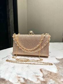 1 件香槟色闪光单面水钻镶嵌手拿包，时尚优雅金属链肩带手提包，适合正式场合、派对、婚礼，适合作为女性礼物 - 香檳色 - 查看 2
