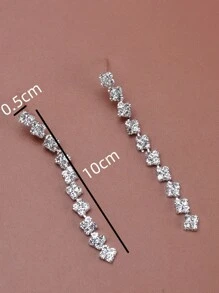 Mujer 2 piezas Pendientes simple con elegante largo cuadrado diamante completo para novia - Plateado - Ver 3