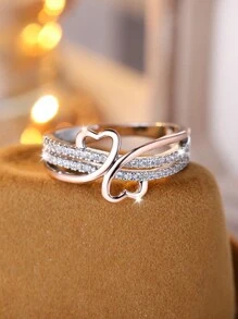 Double Heart Design Rose Golden &Silvery Copper Ring, Luxury Wedding Party Holiday Daily Wear, Reliable Accessories Valentines