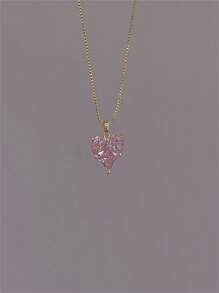 1pc Fashionable & Luxurious Heart Shaped Crystal Glass Necklace, Versatile Accessory - Pink - View 4