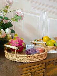 1pc Wooden Handle Round Wooden Tray, Wicker Basket, Bread & Food Platter, Fruit & Cake Plate, Dinner Tray, Handmade Rattan Tray, Trivet, Rattan Decor, Food Storage Tray, Kitchen Supplies - Ginger - View 6