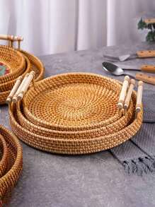 1pc Wooden Handle Round Wooden Tray, Wicker Basket, Bread & Food Platter, Fruit & Cake Plate, Dinner Tray, Handmade Rattan Tray, Trivet, Rattan Decor, Food Storage Tray, Kitchen Supplies - Ginger - View 1
