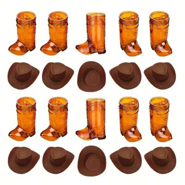 20 قطعة من ديكورات حفلة غربية، تشمل 10 كأس بلاستيكية على شكل حذاء كاوبوي مصغر و 10 قبعات كاوبوي مصغرة متطابقة لحفلات ذات طابع غربي، أعياد ميلاد، حفلات زفاف، هدايا وأعياد دون الحاجة لإستخدام الكهرباء
