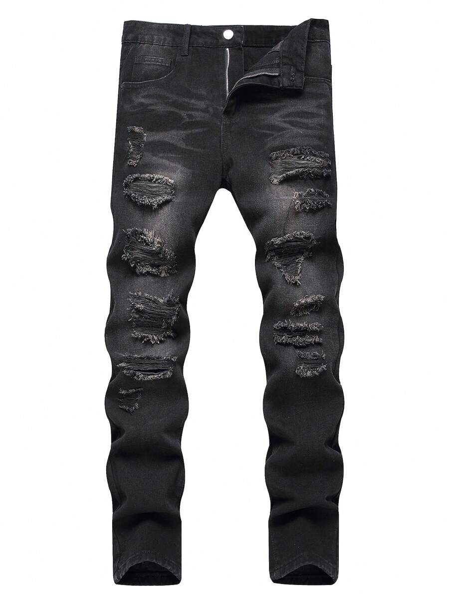 European & American Style Men's Ripped Slim Fit Straight Leg Denim Jeans - Black - View 1