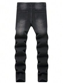 European & American Style Men's Ripped Slim Fit Straight Leg Denim Jeans - Black - View 2