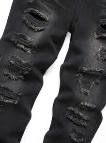 European & American Style Men's Ripped Slim Fit Straight Leg Denim Jeans - Black - View 3