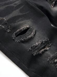 European & American Style Men's Ripped Slim Fit Straight Leg Denim Jeans - Black - View 4