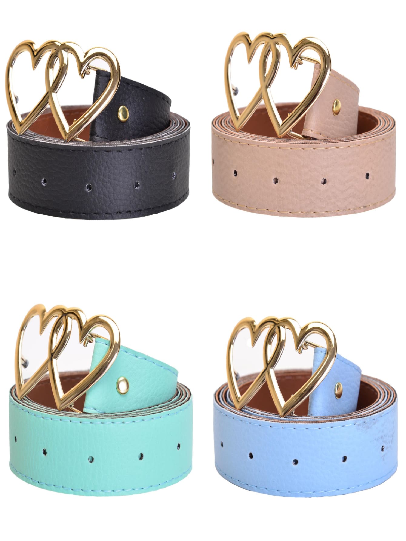 Kit Of 4 Women's Belts Synthetic Leather 1.10 Cm Heart Buckle Gold Colors Elegant - 黑-杏仁-綠-藍飲料 - 查看 1
