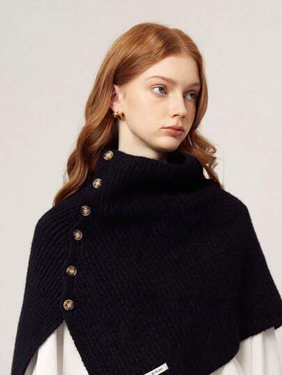 1pc Women's Boutique Split Button Rib Knit Shawl Collar Scarf, Fashionable & Versatile High Neck Sweater Loop For Winter Coat