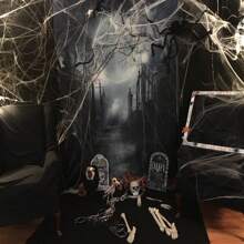 6 * 9 Ft Moon Night Halloween Cemetery Photography Background Cemetery Dark Forest Photography Background Cloth Halloween Party Photography Decoration Background - 黑色 - 查看 3