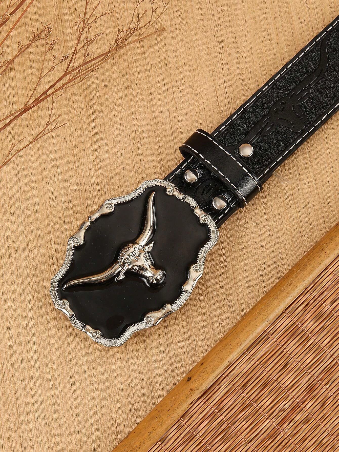 1pc Black Universal Casual Cowboy Buckle Animal PU Leather Belt