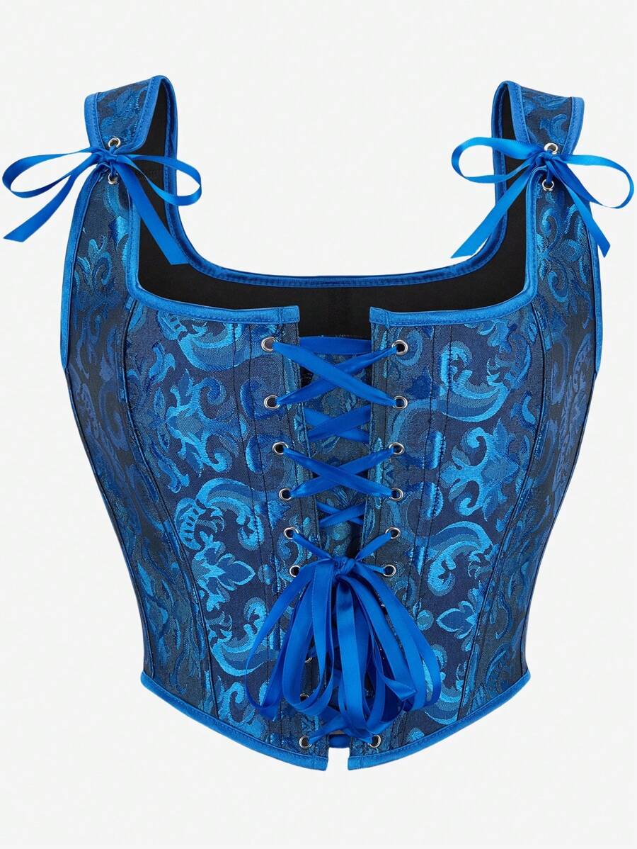 紧身胸衣上衣塑身衣，经典提花时尚无肩带塑身衣女式吊带紧身胸衣，带可调节肩带，适合化妆、舞会、外套 - 藍色 - 查看 1