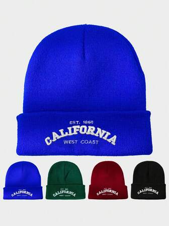 1 st broderad stickad mössa med "CALIFORNIA", varm vintermössa för utomhusbruk, mångsidig och avslappnad för daglig pendling