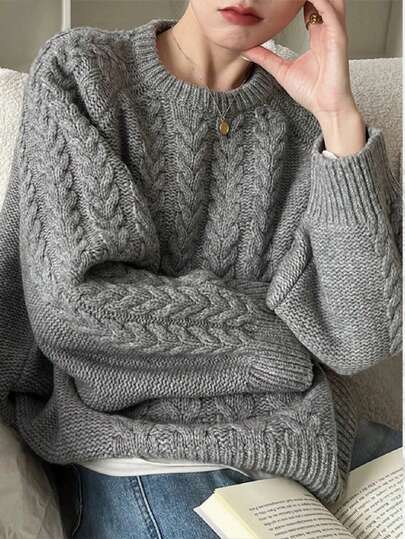 1pc Women Plain Crew Neck Raglan Sleeve Loose Casual Thick Sweater, Autumn/Winter