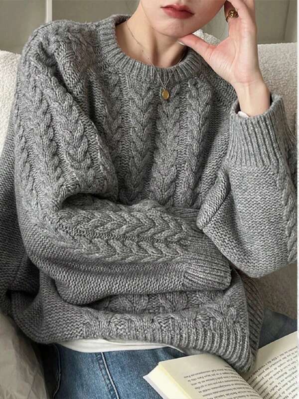 1pc Women Plain Crew Neck Raglan Sleeve Loose Casual Thick Sweater, Autumn/Winter