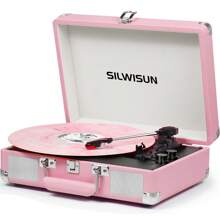 SILWISUN Vinyl Record Player Bluetooth Vintagewith Built-In Battery 3-Speed Portable Suitcase Turntables With Built-In Speakers, Belt-Driven LP Player Support USB Recording AUX-In RCA Line Out Headphone Jack, Pink - Coral Pink - View 2