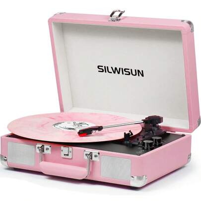 SILWISUN Vinyl Record Player Bluetooth Vintagewith Built-In Battery 3-Speed Portable Suitcase Turntables With Built-In Speakers, Belt-Driven LP Player Support USB Recording AUX-In RCA Line Out Headphone Jack, Pink