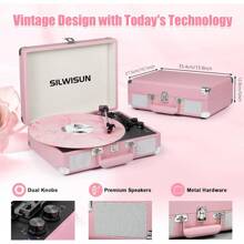 SILWISUN Vinyl Record Player Bluetooth Vintagewith Built-In Battery 3-Speed Portable Suitcase Turntables With Built-In Speakers, Belt-Driven LP Player Support USB Recording AUX-In RCA Line Out Headphone Jack, Pink - Coral Pink - View 7
