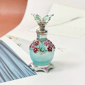 0.51 Oz Blue Butterfly Enamel Painting Glass Dropper Bottle, With Floral Decor, Refillable For Perfume & Essential Oil Storage, Portable & Reusable, Unscented, Home Decor Accessory (Bottle Only, No Fragrance)