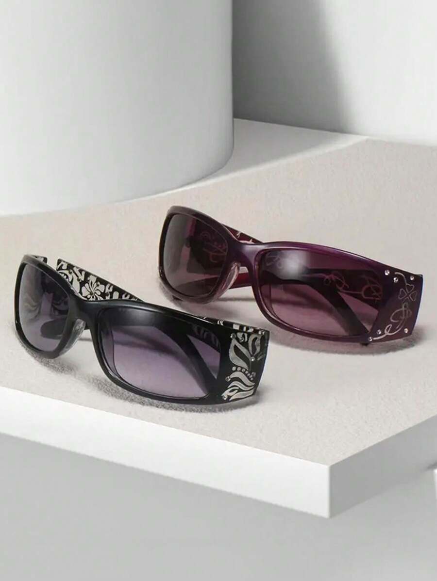 2pcs Y2K Floral Embossed Mini Square Fashion Eyeglasses, Suitable For Daily Wear & Parties For Summer Beach Vacation,Outdoor,Travel - 2-pack (black + Red) - View 1