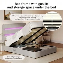 [King/Queen/Full Size +Black /White/Beige ] Upholstered Platform  Hydraulic Storage Bed, Lift Up Storage Bed With RGB LED Light, PU Leather Headboard And Footboard, No Box Spring Needed, White - Xám + Gỗ + Kim loại + Đầy đủ - Xem 2