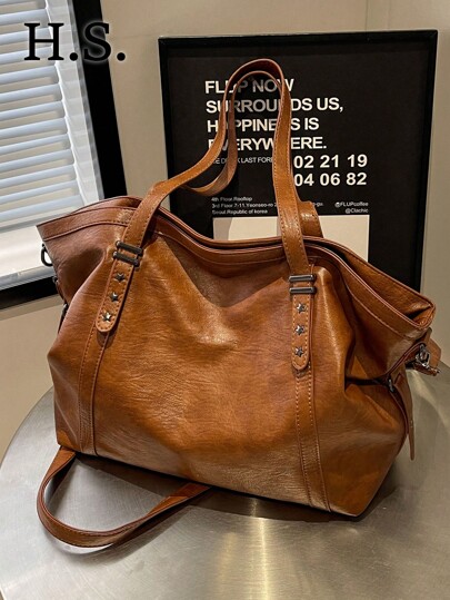 1pc Brown Fashion Soft PU Leather Large Capacity Shoulder Crossbody Bag, Casual Commute Vintage Solid Color Rivet Slouchy Tote Bag For Women, Suitable For Daily Use, Commute, Shopping