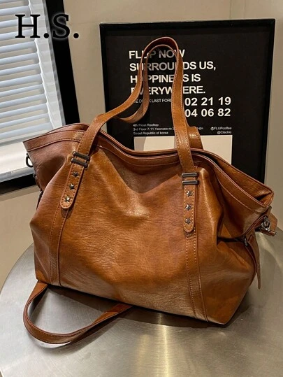 1pc Brown Fashion Soft PU Leather Large Capacity Shoulder Crossbody Bag, Casual Commute Vintage Solid Color Rivet Slouchy Tote Bag For Women, Suitable For Daily Use, Commute, Shopping