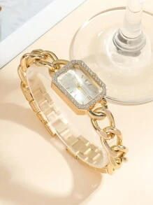 Bộ 5 chiếc đồng hồ thạch anh mặt số hình thang cân thời trang cho tuổi teen + Vòng tay La Mã, thích hợp làm quà tặng sinh nhật, Halloween, Giáng sinh - Vàng - Xem 3
