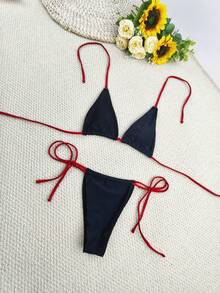 2023 New Solid Color Sexy Lace-Up Adjustable Bandage Bikini Swimsuits 2pcs Set, European Style Beach Swimwear For Women - Black + Red Strap - View 4