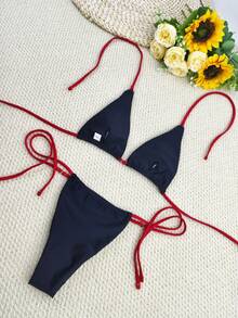 2023 New Solid Color Sexy Lace-Up Adjustable Bandage Bikini Swimsuits 2pcs Set, European Style Beach Swimwear For Women - Black + Red Strap - View 5