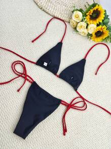 2023 New Solid Color Sexy Lace-Up Adjustable Bandage Bikini Swimsuits 2pcs Set, European Style Beach Swimwear For Women