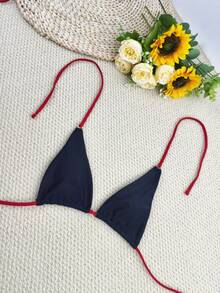 2023 New Solid Color Sexy Lace-Up Adjustable Bandage Bikini Swimsuits 2pcs Set, European Style Beach Swimwear For Women - Black + Red Strap - View 6