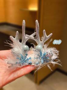 2 件女孩蓝色装饰白色蓬松鹿角发夹 - 彩色 - 查看 2