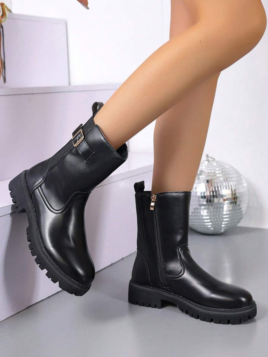女士黑色金属扣装饰侧拉链切尔西靴，欧美时尚短靴 - 黑色 - 查看 1