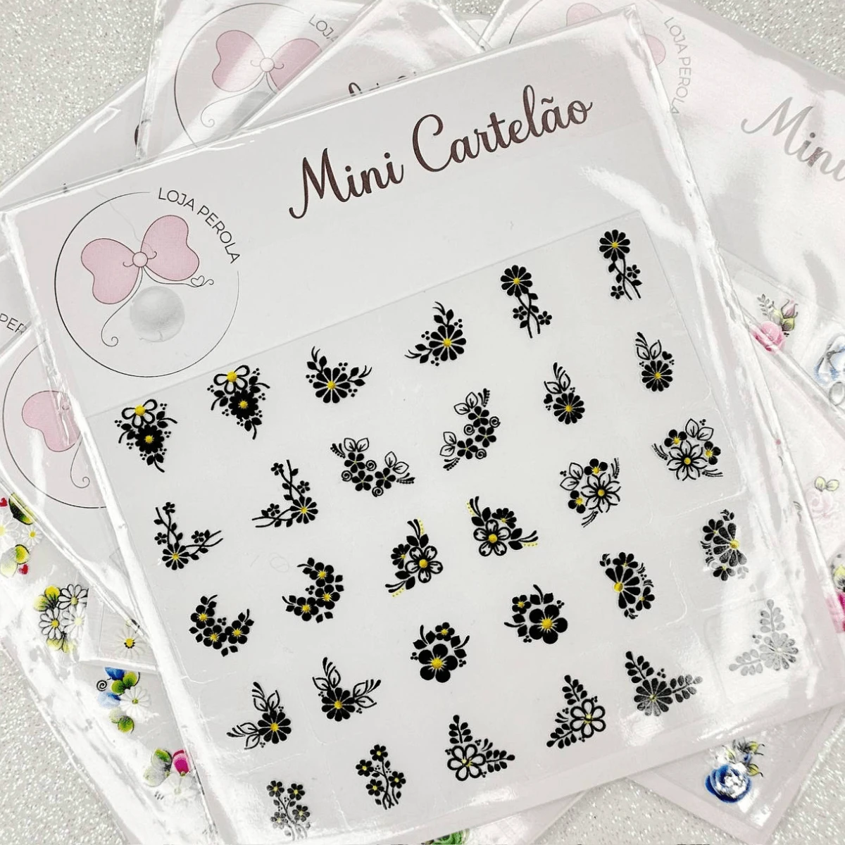 Mini Nail Sticker Card 30 Units - Black Flowers - 黑色 - 查看 1