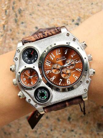 Oulm 手表 男士石英休闲皮革表带腕表运动多时区男钟日期钟 1349