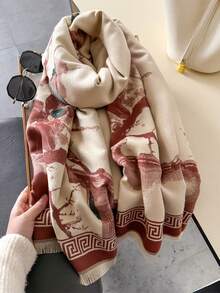 1 件 2024 秋冬新款仿羊绒梅花复古中国水墨画纹理印花双面保暖围巾披肩 - 彩色 - 查看 5