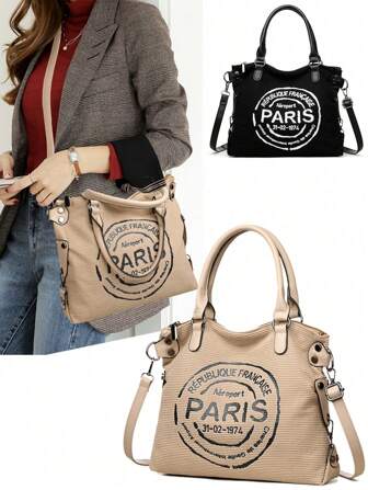 Paris Print Corduroy Tote Bag, Retro Style, Casual Shoulder/Crossbody Design With Detachable Strap, Lightweight, Zipper Closure, Polyester Lining - Ideal For Work And Shopping