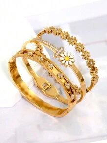 时尚不锈钢立方花装饰手链，适合女性日常佩戴情人节、妈妈、母亲、母亲节、礼物 - 金色 - 查看 2