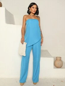 Set Of Strapless Tailored Blouse And High-Waisted Tailored Palazzo Pants - Baby Blue - View 4