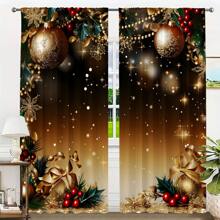 2pcs Christmas Golden Christmas Tree Ornament Print Sheer Curtain Panels, Light Filtering, Rod Pocket Design, Quality Polyester Fabric, HD Digital Printing, Romantic Christmas Decor For Bedroom, Living Room, Kitchen, Office