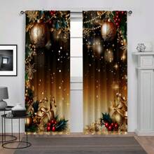 2pcs Christmas Golden Christmas Tree Ornament Print Sheer Curtain Panels, Light Filtering, Rod Pocket Design, Quality Polyester Fabric, HD Digital Printing, Romantic Christmas Decor For Bedroom, Living Room, Kitchen, Office