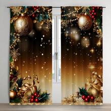 2pcs Christmas Golden Christmas Tree Ornament Print Sheer Curtain Panels, Light Filtering, Rod Pocket Design, Quality Polyester Fabric, HD Digital Printing, Romantic Christmas Decor For Bedroom, Living Room, Kitchen, Office